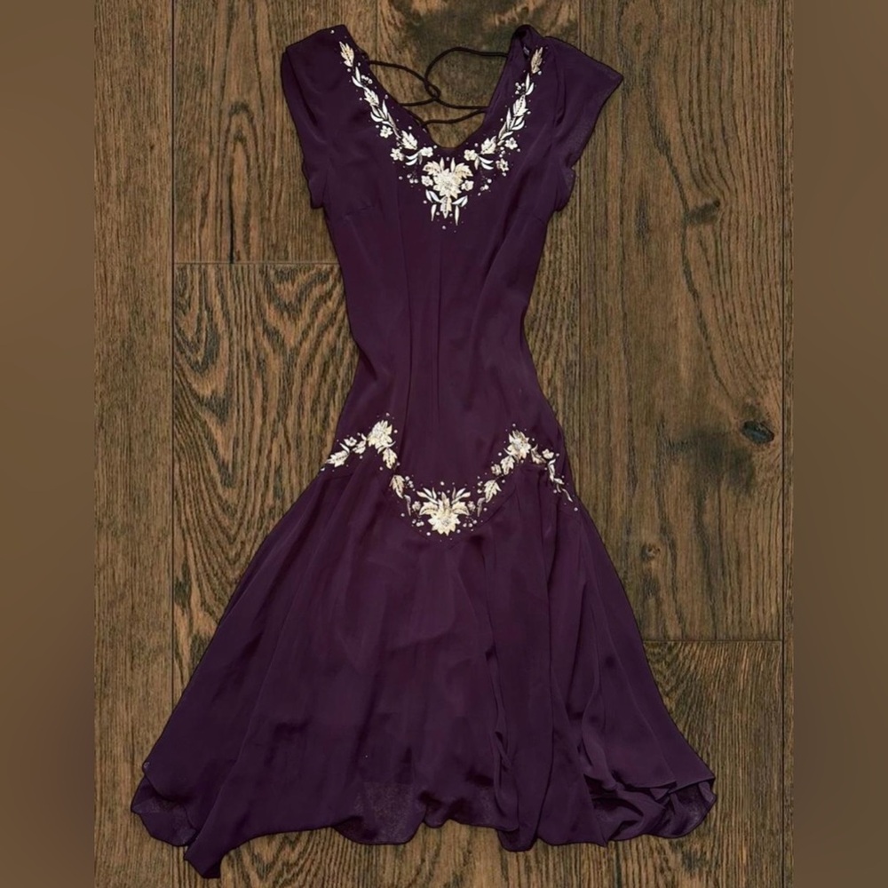 SL Fashions Deep Plum Purple Dress with Cream Embroidery